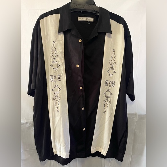 Monte Carlo Shirt Mens Large Black White Music Blues Notes Soprano Guayabera Y2K - Picture 1 of 4